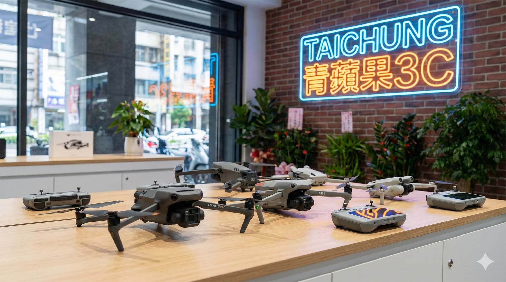 現代化的商店櫃檯展示著各式 DJI 空拍機（Mavic, Air, Mini），背景有「台中」字樣的霓虹燈，充滿在地科技店氛圍 / Modern store counter with various DJI drones (Mavic, Air, Mini) displayed, "Taichung" neon sign in background, local store vibe.